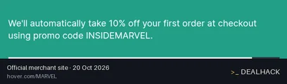 Screenshot of Hover's website on Oct 20, 2026 showing the "Save 10% on Your First Hover Order via Inside Marvel" offer