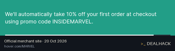 Screenshot of Hover's website on Oct 20, 2026 showing the "Save 10% on Your First Hover Order via Inside Marvel" offer