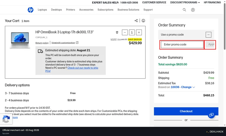 HP checkout page showing the Enter promo code field and Apply button