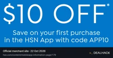 Screenshot of HSN's website on Oct 22, 2026 showing the "Save $10 on Your First HSN App Purchase" offer