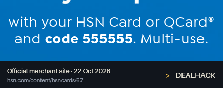 Screenshot of HSN's website on Oct 22, 2026 showing the "Get 5% Off Today's Special With HSN Card or QCard" offer