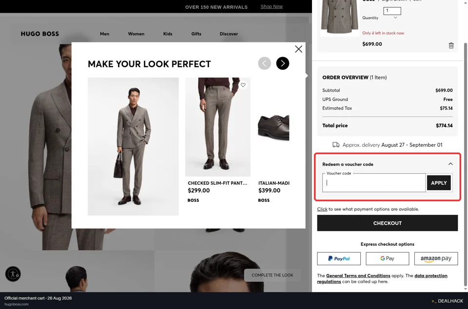 Hugo Boss checkout page showing the Voucher code field and Apply button