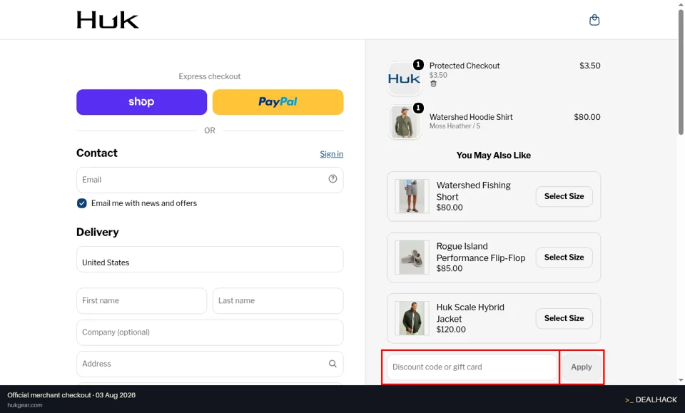 Huk Performance Fishing checkout page showing the Discount code or gift card field and Apply button