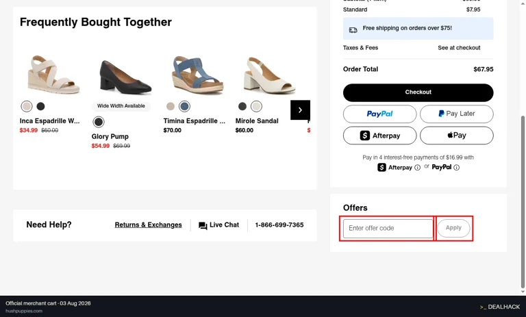 Hush Puppies checkout page showing the Enter offer code field and Apply button