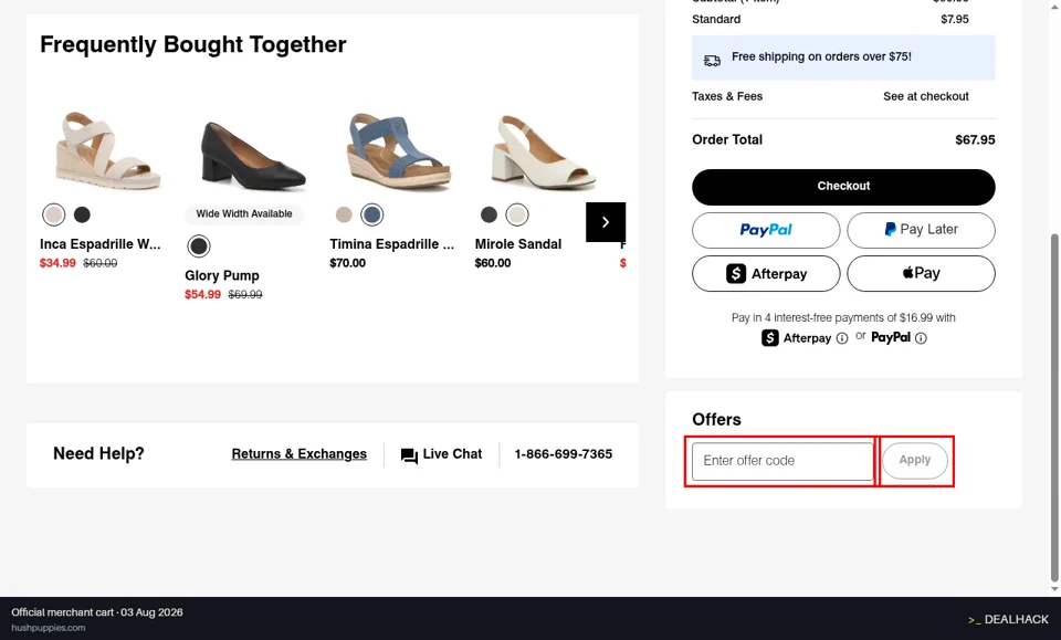 Hush Puppies checkout page showing the Enter offer code field and Apply button