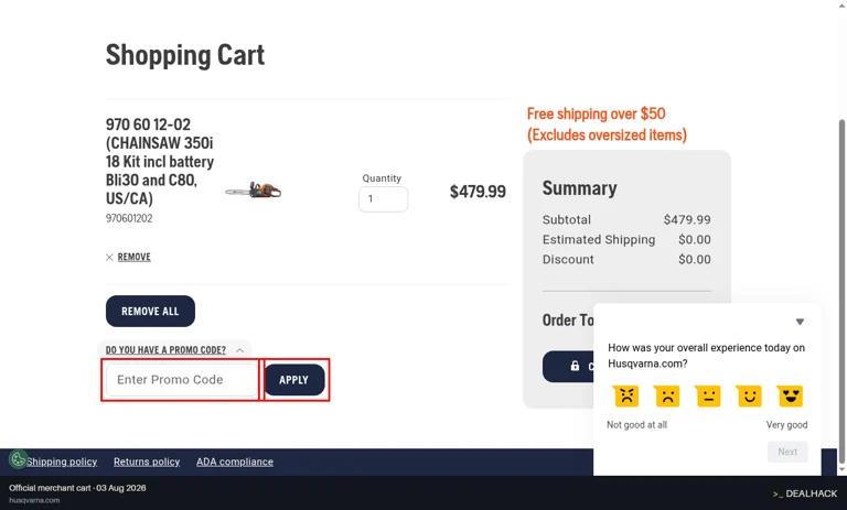 Husqvarna checkout page showing the Enter Promo Code field and Apply button