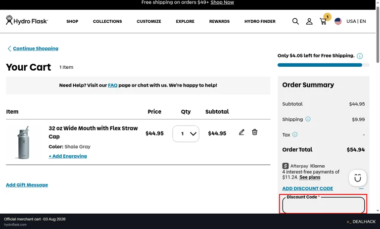 Hydro Flask checkout page showing the Enter discount code field and Apply Discount button