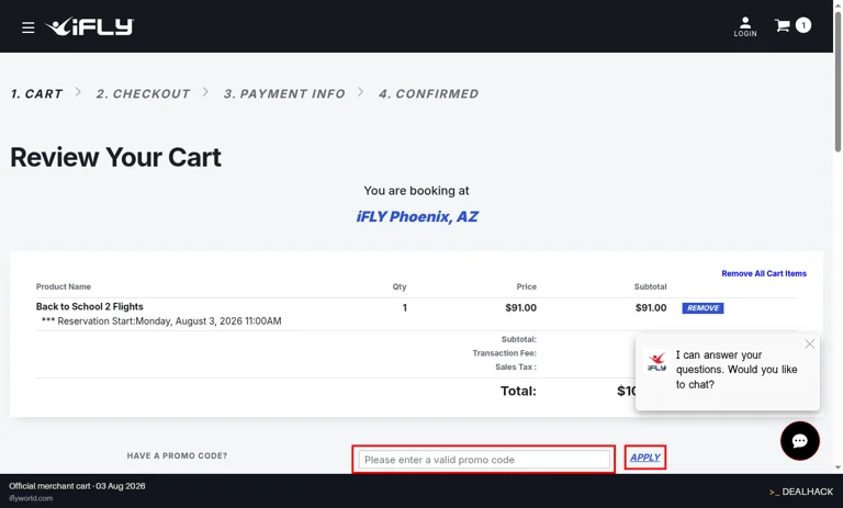 iFLY Indoor Skydiving checkout page showing the Please enter a valid promo code field and Apply button