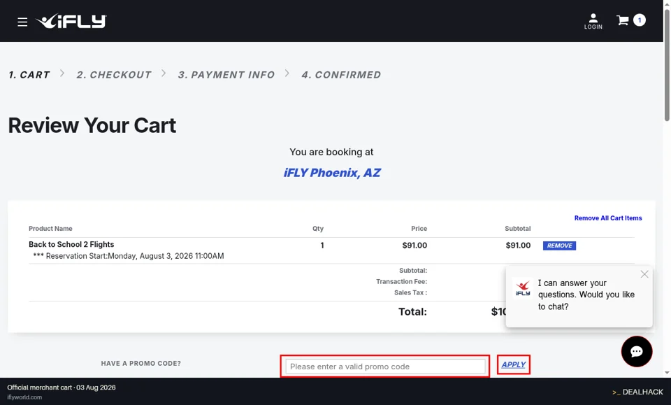 iFLY Indoor Skydiving checkout page showing the Please enter a valid promo code field and Apply button