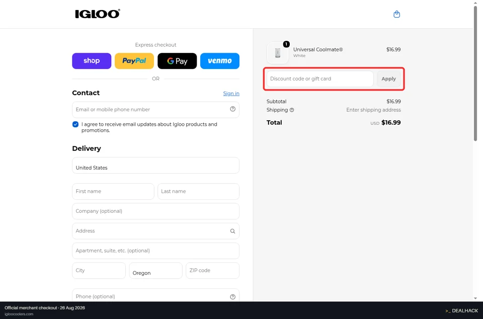 Igloo Coolers checkout page showing the Discount code or gift card field and Apply button