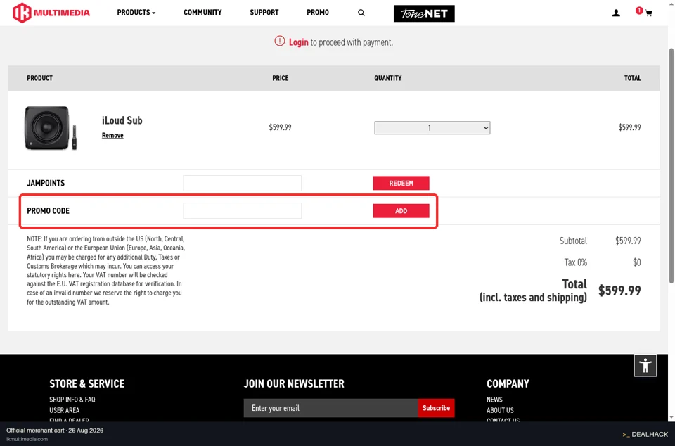 IK Multimedia checkout page showing the PROMO CODE field and ADD button