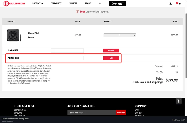 IK Multimedia checkout page showing the PROMO CODE field and ADD button