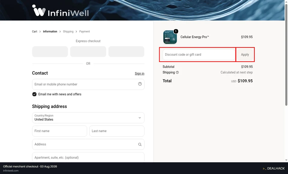 InfiniWell checkout page showing the Discount code or gift card field and Apply button