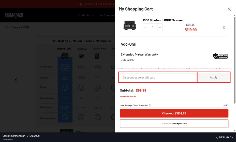 Innova Electronics checkout page showing the Discount code or gift card field and Apply button
