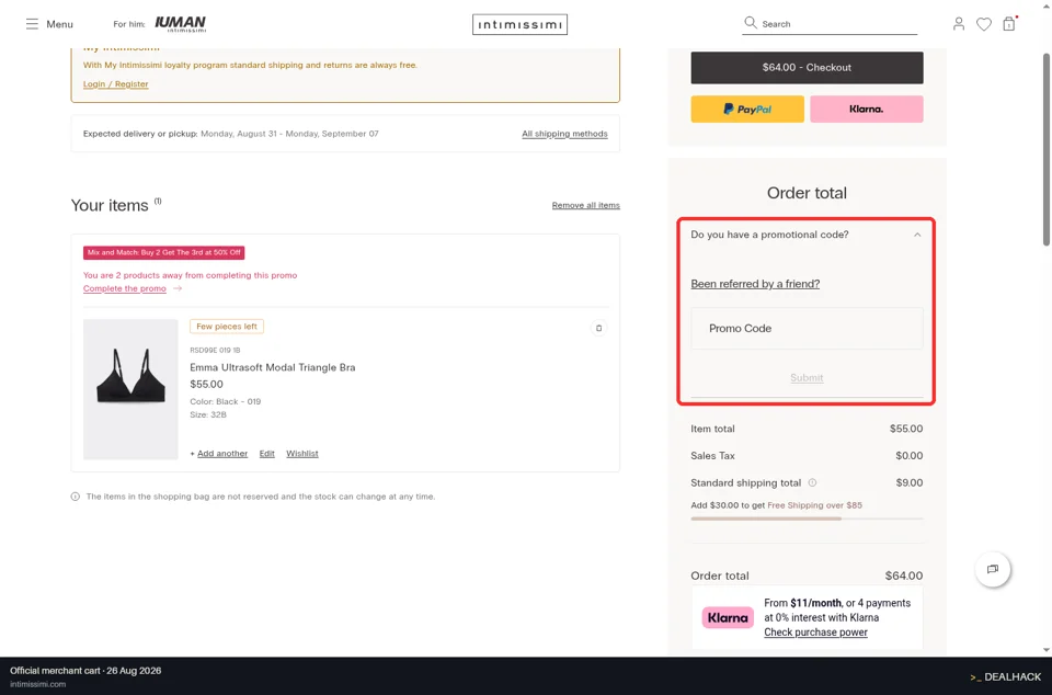 Intimissimi checkout page showing the Promo Code field and Submit button