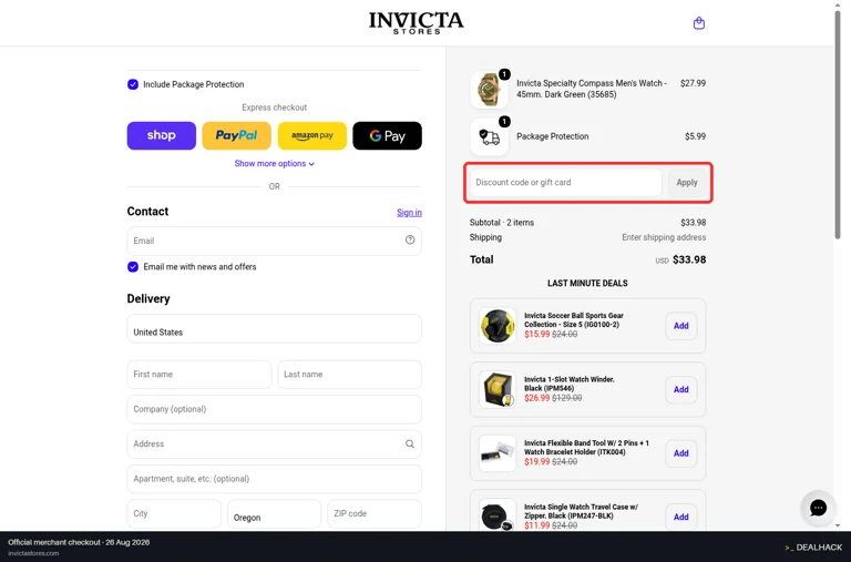 Invicta Watches checkout page showing the Discount code or gift card field and Apply button