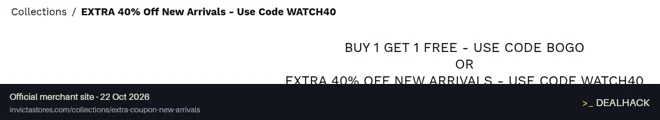 Screenshot of Invicta Watches's website on Oct 22, 2026 showing the "Buy One, Get One Free on Select Items" offer