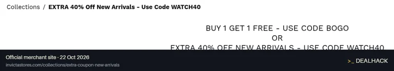Screenshot of Invicta Watches's website on Oct 22, 2026 showing the "Buy One, Get One Free on Select Items" offer