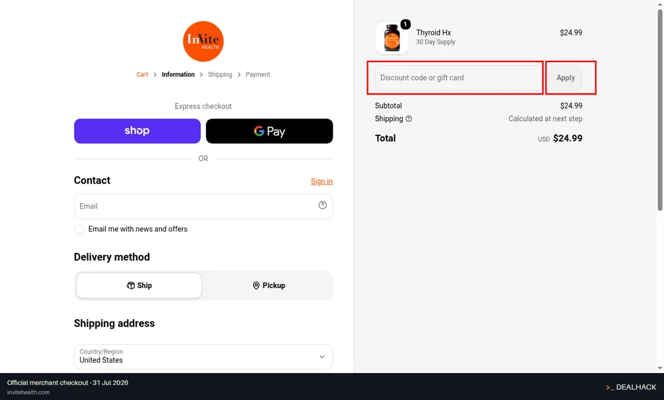 InVite Health checkout page showing the Discount code or gift card field and Apply button