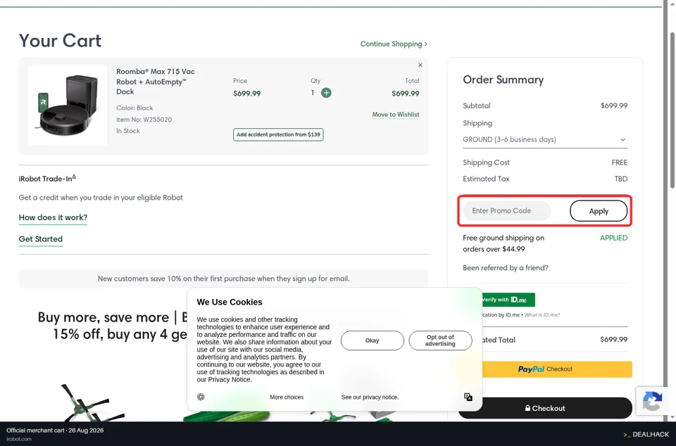 iRobot checkout page showing the Enter Promo Code field and Apply button