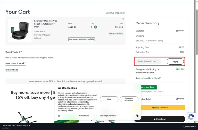 iRobot checkout page showing the Enter Promo Code field and Apply button