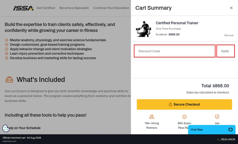 ISSA checkout page showing the Discount Code field and Apply button