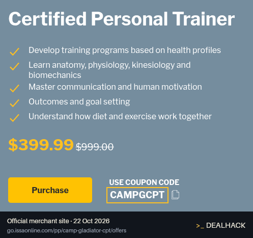 Screenshot of ISSA's website on Oct 22, 2026 showing the "Get ISSA CPT Certification for $399.99" offer