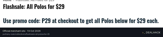 Screenshot of JACHS NY's website on Oct 19, 2026 showing the "Get Qualifying Polos for $29 Each" offer