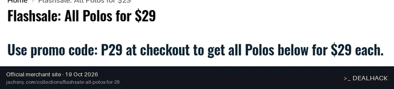 Screenshot of JACHS NY's website on Oct 19, 2026 showing the "Get Qualifying Polos for $29 Each" offer