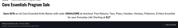 Screenshot of JACHS NY's website on Oct 19, 2026 showing the "Save 62% on Core Essential Knits" offer