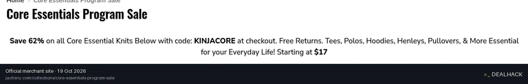 Screenshot of JACHS NY's website on Oct 19, 2026 showing the "Save 62% on Core Essential Knits" offer