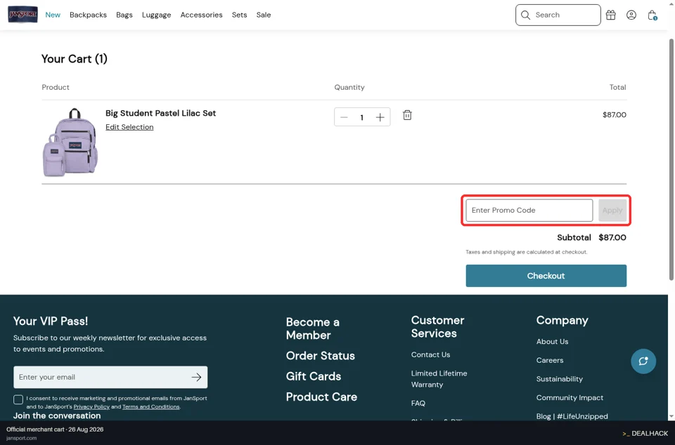 JanSport checkout page showing the Enter Promo Code field and Apply button