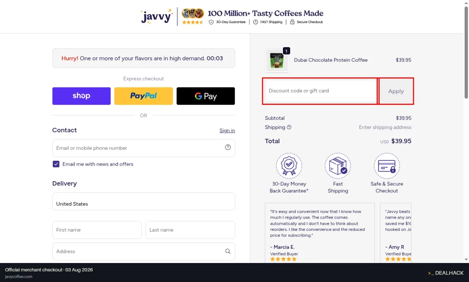 Javvy Coffee checkout page showing the Discount code or gift card field and Apply button