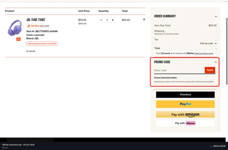 JBL checkout page showing the Enter code field and Apply button