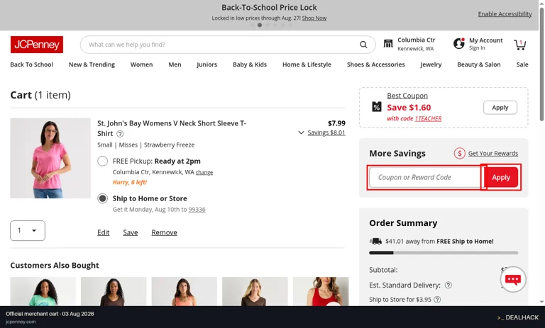 JCPenney checkout page showing the Coupon or Reward Code field and Apply button