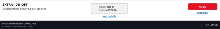 Screenshot of JCPenney's website on Oct 20, 2026 showing the "Save 10% on Select Beauty and Salon Products" offer