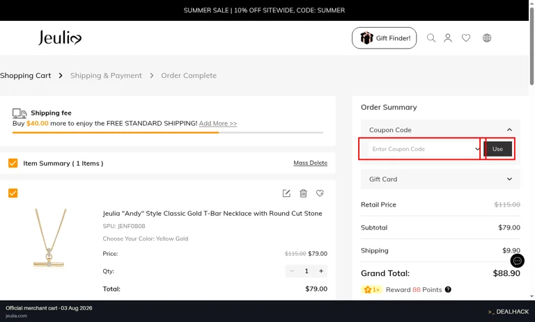 Jeulia checkout page showing the Enter Coupon Code field and Use button