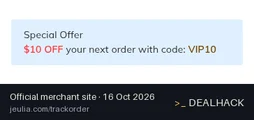 Screenshot of Jeulia's website on Oct 16, 2026 showing the "Get $10 Off Your Next Jeulia Order" offer