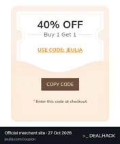 Screenshot of Jeulia's website on Oct 27, 2026 showing the "Buy One, Get One 40% Off at Jeulia" offer