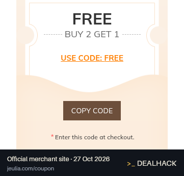 Screenshot of Jeulia's website on Oct 27, 2026 showing the "Buy 2, Get 1 Free on Jeulia Jewelry" offer