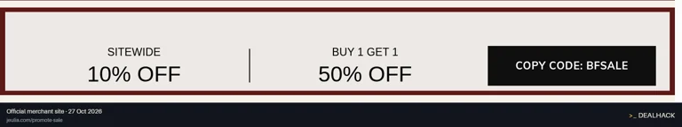 Screenshot of Jeulia's website on Oct 27, 2026 showing the "Buy One, Get One 50% Off at Jeulia" offer