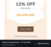 Screenshot of Jeulia's website on Oct 27, 2026 showing the "Save 12% Sitewide at Jeulia" offer