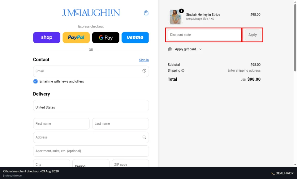 J.McLaughlin checkout page showing the Discount code field and Apply button