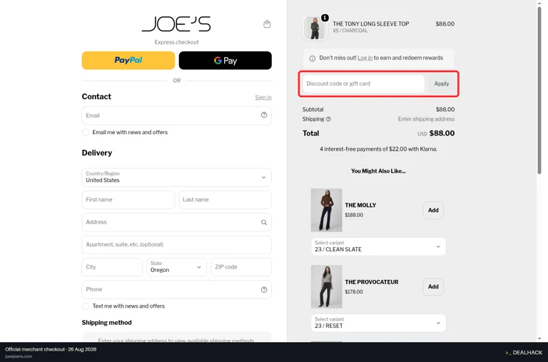 Joe's Jeans checkout page showing the Discount code or gift card field and Apply button