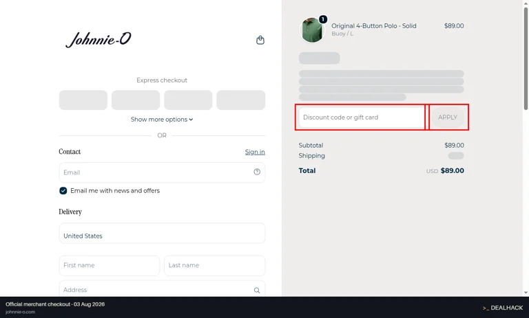 Johnnie-O checkout page showing the Discount code or gift card field and Apply button