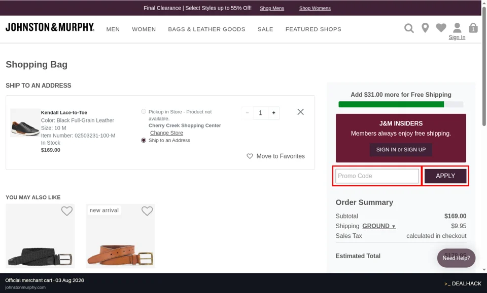 Johnston & Murphy checkout page showing the Promo Code field and APPLY button