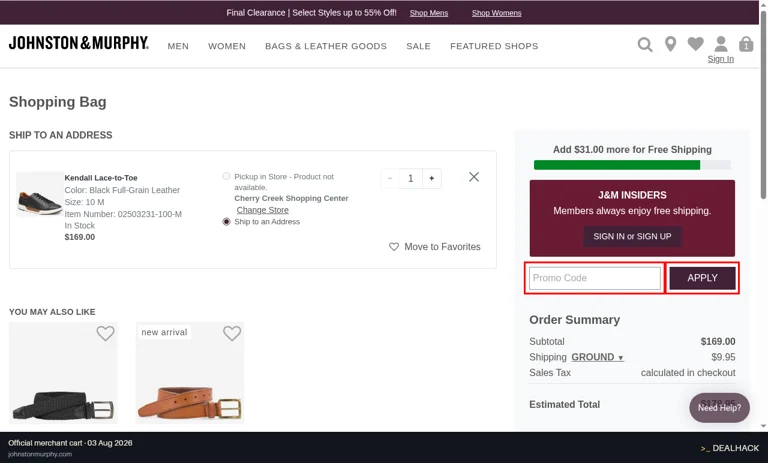 Johnston & Murphy checkout page showing the Promo Code field and APPLY button