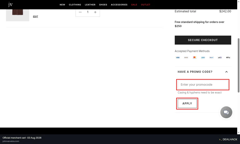 John Varvatos checkout page showing the Enter your promocode field and Apply button