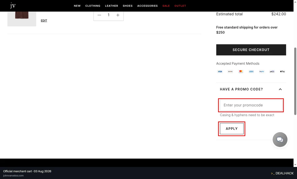 John Varvatos checkout page showing the Enter your promocode field and Apply button