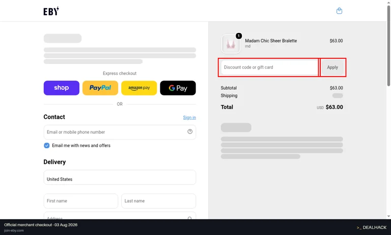 EBY checkout page showing the Discount code or gift card field and Apply button